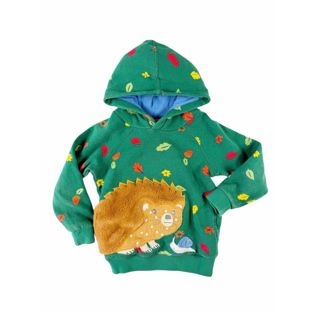 Mini Boden Green Hedgehog Fleece Hoodie Leaves Print Sweatshirt 4-5Y